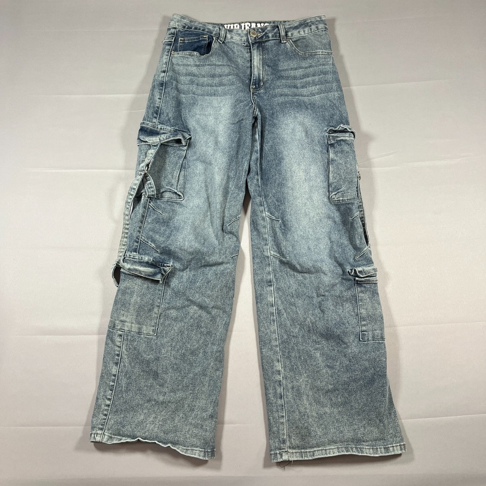 VIP Jeans Cargo Women 11/12 Blue Denim Cotton Stretch Whiskering Utility Pockets